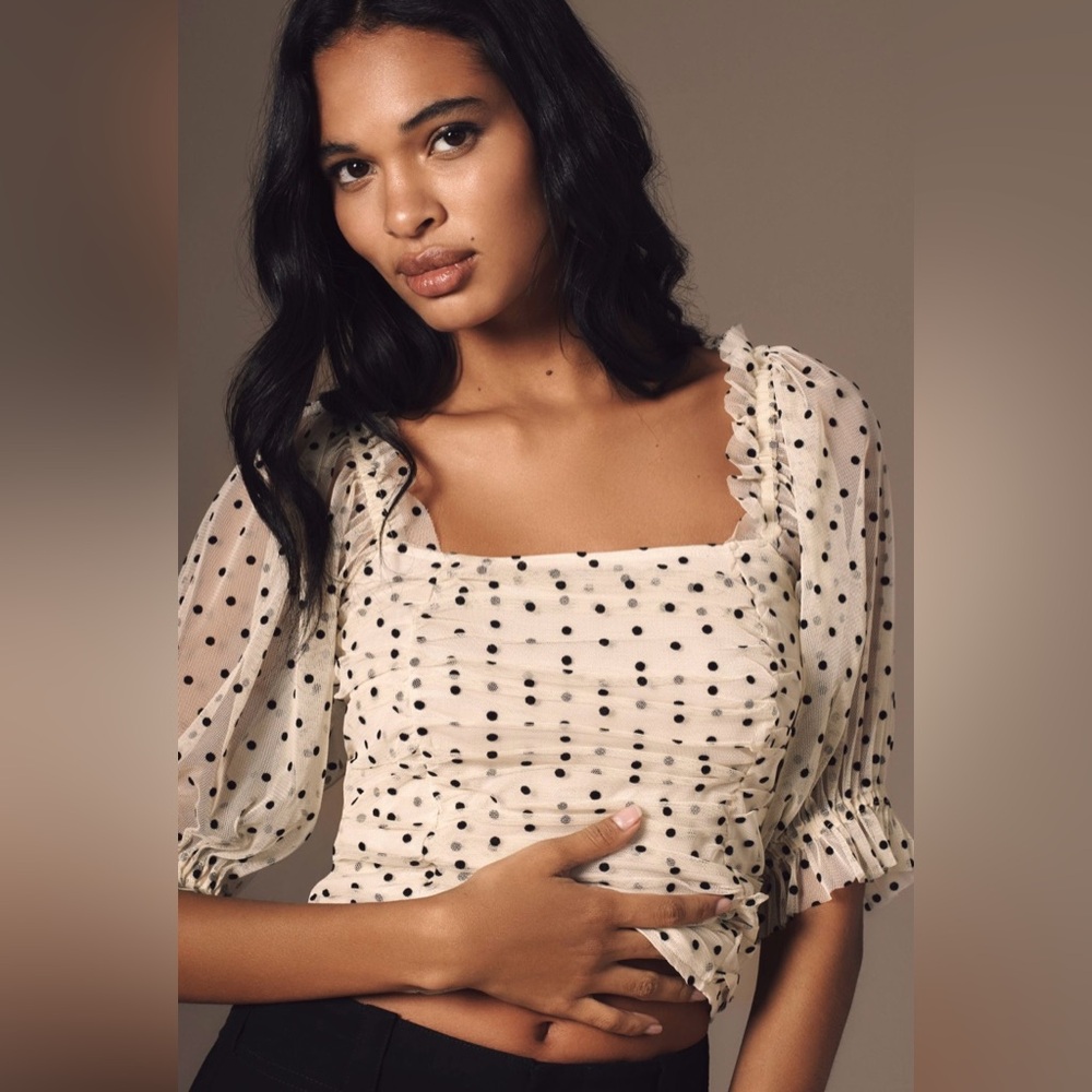Maeve Cream Polka Dot Square-Neck Crop Top